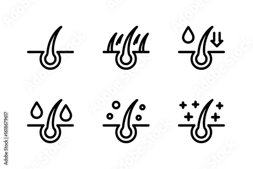 Hair Follicle Health and Treatment Icons Displaying Stages of Hair Nourishment and Improvement for Shampoo and Conditioner Ads
