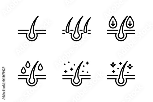 Hair follicle treatment and care set of vector icons showcasing hair health stages and maintenance routines for healthy strong hair