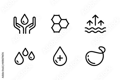 Minimalist Icon Set Representing Hydration Water Science and Purity with Clean Black Lines on White Background