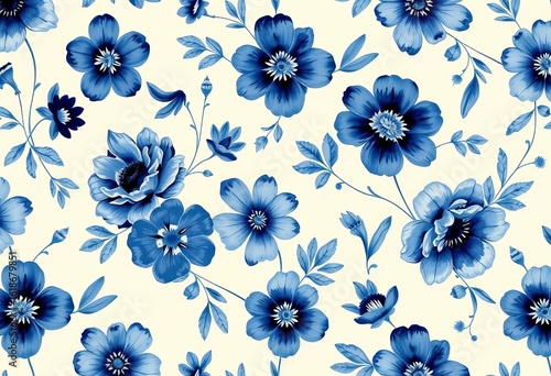 Seamless watercolor floral pattern; medieval blue Delft indigo flowers, vintage botanical wallpaper,  detail, blue flowers