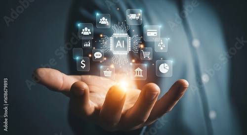 Artificial intelligence ai business technology concept hand holding digital icons data