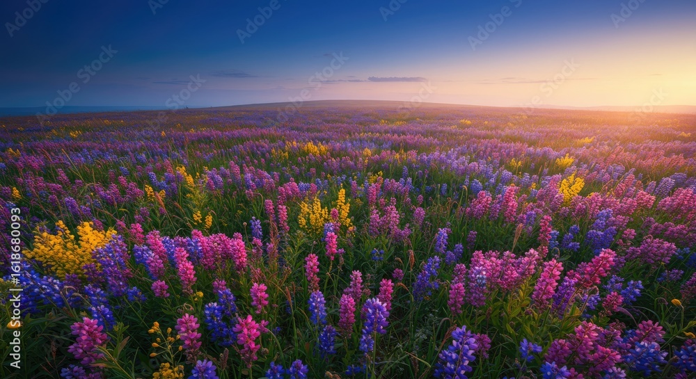 Obraz premium Vibrant Field of Lupine Flowers Under Sunset Sky