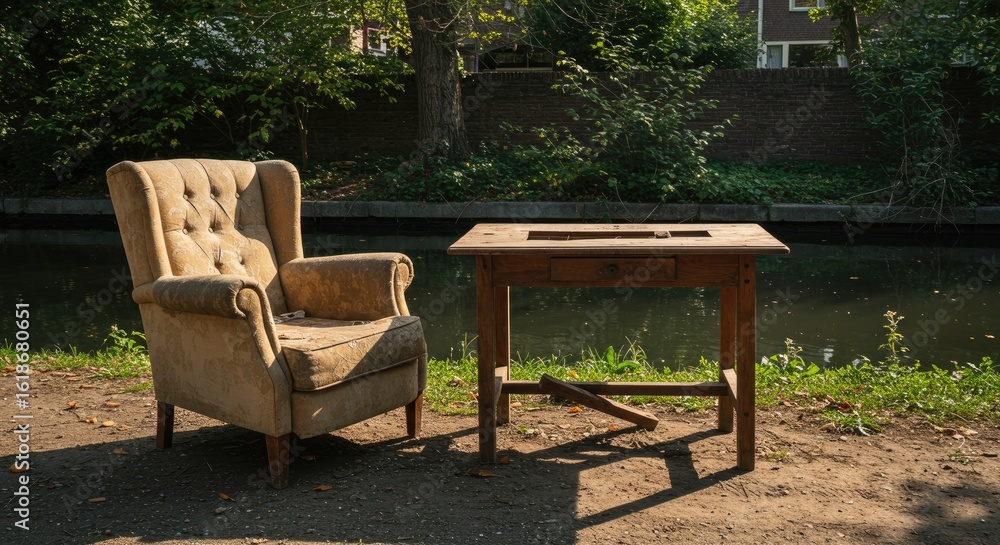 Obraz premium Abandoned Comfort: Worn Armchair and Rustic Table by Canal's Edge in Sunlight