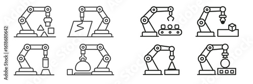 Industrial robotic arms performing various tasks in a manufacturing environment