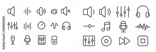 Sound and music icons collection featuring speakers, headsets, and audio control elements in a minimalistic design