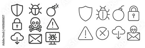 Collection of cybersecurity icons representing threats, warnings, and protective measures in a minimalist style
