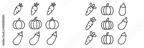 Colorful outline drawings of vegetables featuring carrots, pumpkins, and eggplants arranged in a neat pattern on a clean background