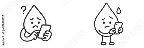 Sad water droplet character looking at a smartphone while expressing concern in simplistic cartoon design