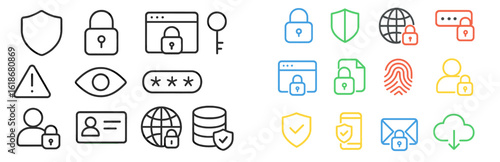 Collection of security icons showcasing various aspects of digital protection, privacy, and data safety featuring locks and shields