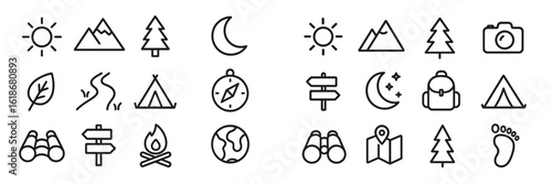Nature icons showcasing outdoor elements like mountains, trees, suns, and camping gear are ideal for travel enthusiasts and adventure activities