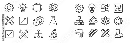 Various technical and scientific icons illustrating innovation in engineering and technology concepts
