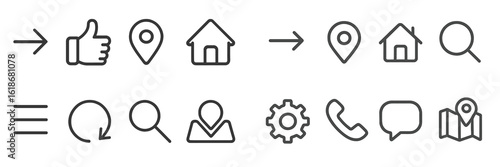 Icons representing different digital actions and locations in a minimalistic style suitable for user interface design