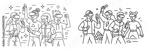 Group of friends enjoying virtual reality gaming at an entertainment venue with energetic interactions