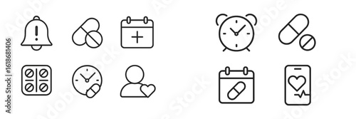 Health management icons for reminders, schedules, and medication tracking in a modern digital layout