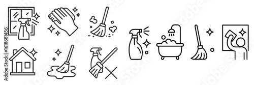 Cleaning symbols and icons demonstrating home cleaning tasks and products for household chores and maintenance