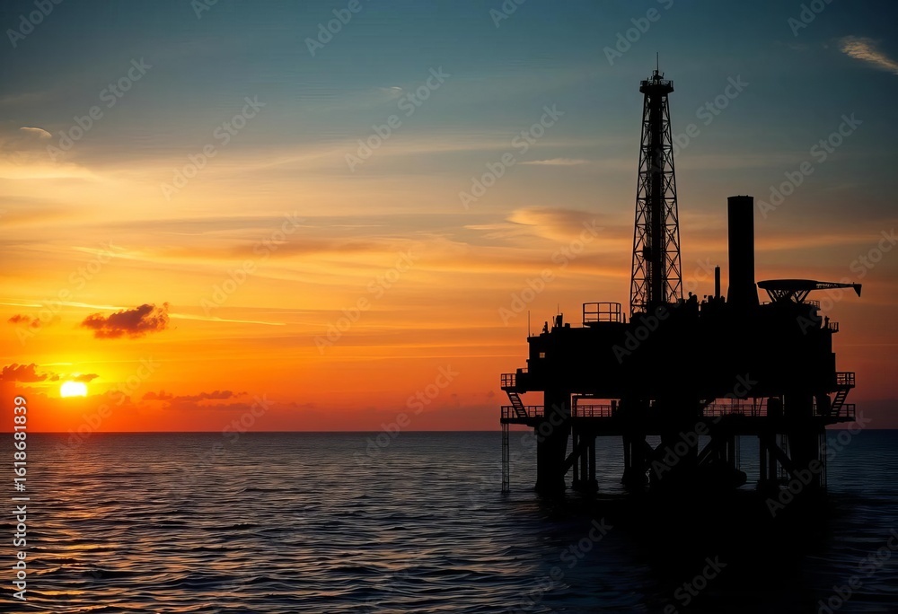 Obraz premium Silhouetted figures on an offshore oil rig at sunrise, dramatic sky, gas, silhouette workers