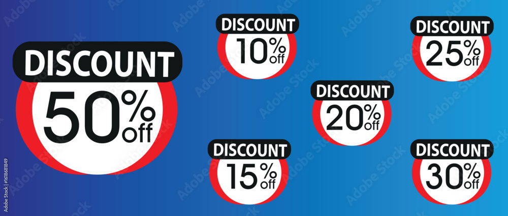 Discount buy now label pop-up banner with different sale percentage. 10, 15, 20, 25, 30, 50 percent off price reduction badge promotion, Round discount sale tags with percentages Discount buy now label pop-up banner with different sale percentage. 10, 15, 20, 25, 30, 50 percent off price reduction badge promotion, Round discount sale tags with percentages