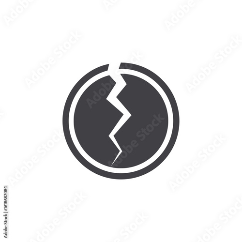 Cracked circle, fractured, broken, symbol, damage, split, grey, icon.