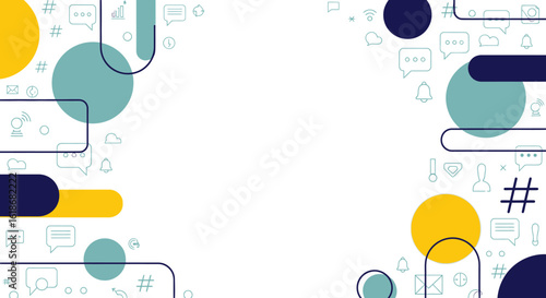 Abstract graphic design with shapes, colors, and social media icons.