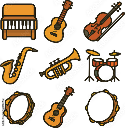 Iconic Music Instrument Grid Representing Pakistan’s Cultural Soundscape Featuring Piano, Guitar, Violin, Brass, and Percussion Elements in a Thematic Patriotic Layout