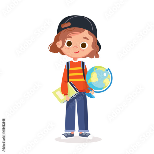 Isolated image of little girl standing upright, holding a globe and a spiral-bound workbook, wearing a backward baseball cap, a sweater and jeans. Сhild looking forward and smiling. Full-body cutout.