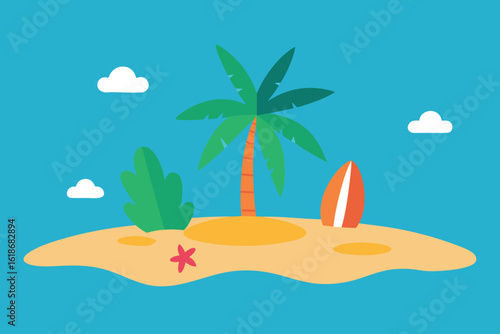  a small tropical island with a palm tree, surfboard, and starfish on a sandy beach, surrounded by blue ocean water and fluffy white clouds in a clear sky vector illustration
