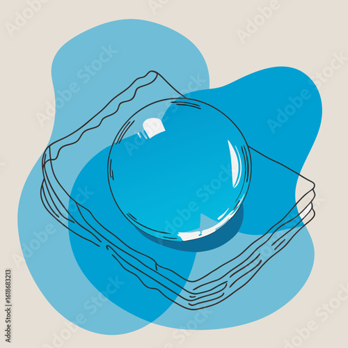 A close-up shot of a large, glistening water droplet resting on the soft fabric of a baby diaper. The droplet is perfectly round, catching the light and emphasizing the absorbency and freshness of the