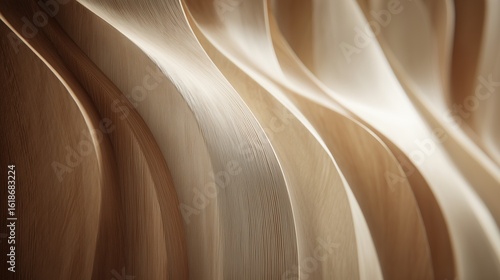 Close-up of smooth, wavy wooden surface with light reflections. The wood grain shows natural patterns and textures, creating an organic feel.