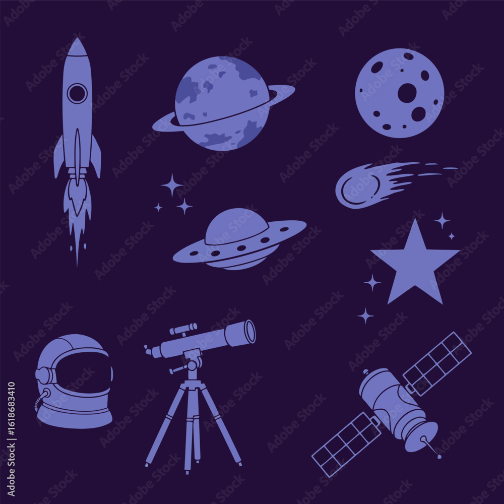 Naklejka premium Vector art of a collection of spacethemed icons including a rocket, planets, moon, ufo, astronaut helmet, telescope, and satellite