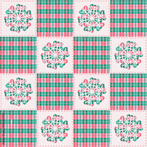 Christmas Patchwork Buffalo Check Snowflakes Seamless Pattern
