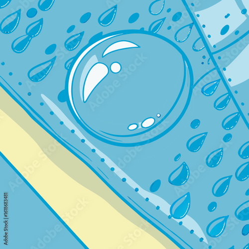 A close-up shot of a large, glistening water droplet resting on the soft fabric of a baby diaper. The droplet is perfectly round, catching the light and emphasizing the absorbency and freshness of the