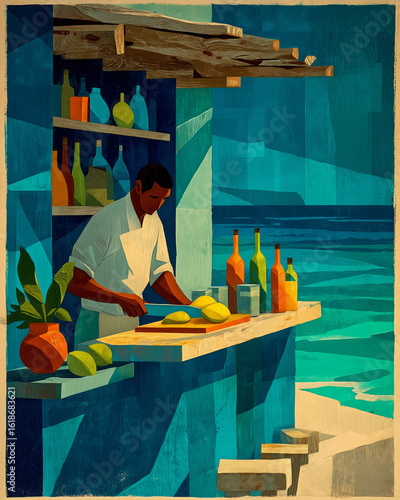 A bartender slices fresh fruit at a sunny beach bar. A vibrant, retro-style illustration capturing a tropical vacation and seaside relaxation vibe.
