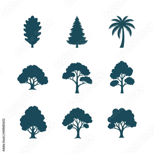 Vector art of assortment of different tree types including oak, pine, and palm, isolated on white background