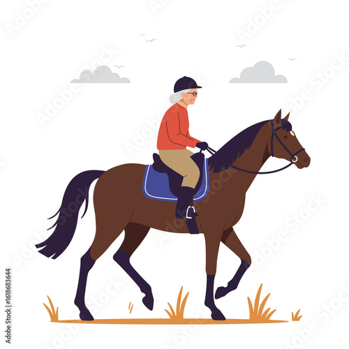 Elderly woman horseback riding with a relaxed expression outdoors  