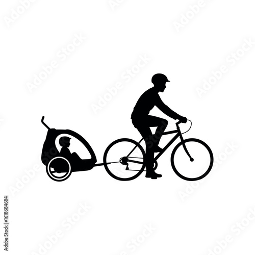 Black silhouette of person riding bicycle with child trailer bike