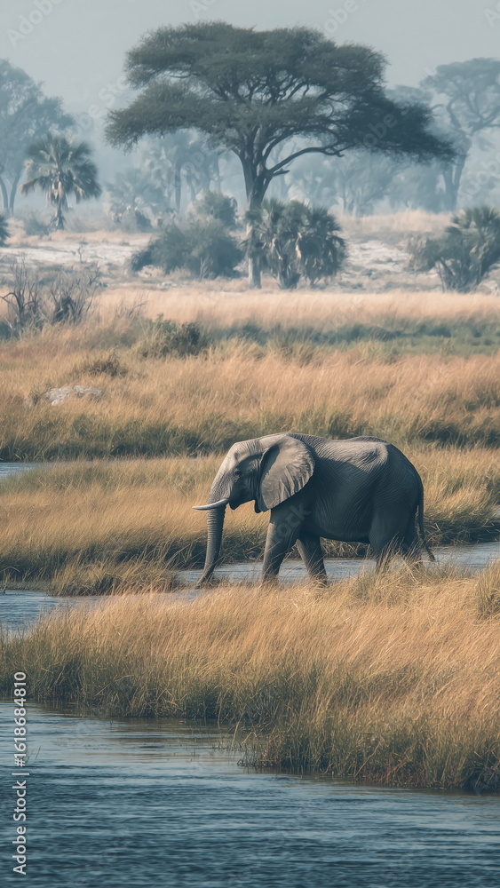 Obraz premium Elephant walking by the river, Africa safari, wildlife animal.