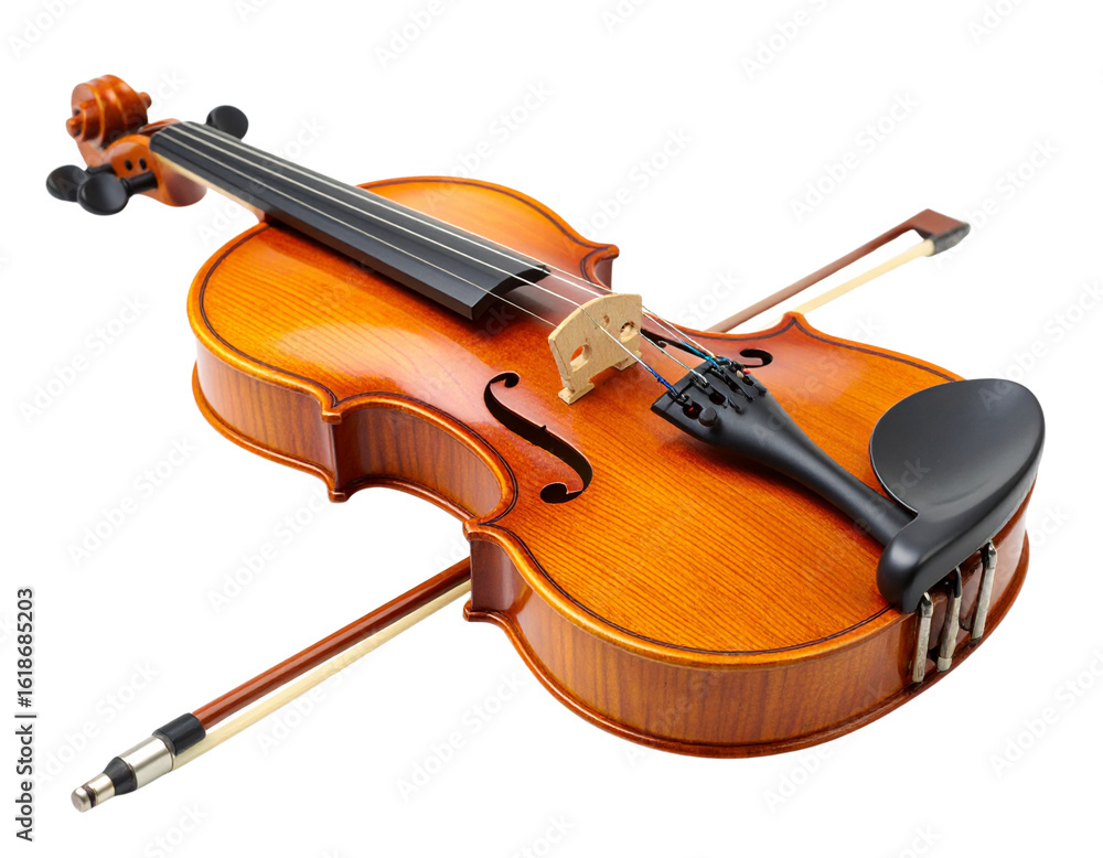 Fototapeta premium Overhead View of Elegant Violin and Bow Crossed in X Shape, Studio Setup on White – PNG – AI Generated