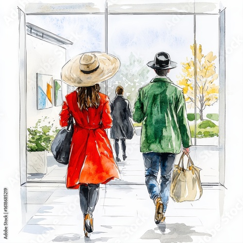 A stylish couple strolls through a modern art gallery in Parma Italy on a sunny March day admi the architecture and artwork leaving the building with bags in hand.