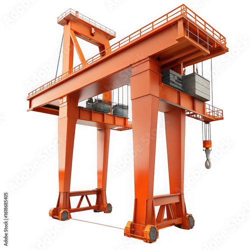Heavy duty orange gantry crane with hook and trolley isolated on transparent background