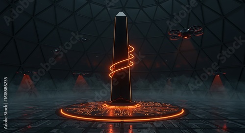 Futuristic drones patrol glowing obelisk in sci-fi hangar, advanced technology, dramatic lighting, mystery