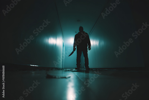 Silhouette of man maniac or killer or horror murderer with knife in hand in dark creepy and spooky corridor. Criminal robber or rapist concept in thriller atmosphere