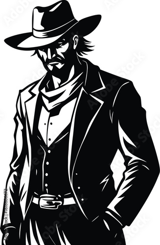  rugged cowboy silhouette in vintage western outfit with hat and confident stance