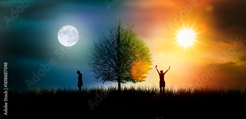 Silhouette einer Frau in einer Landschaft mit unterschiedlichen Emotionen als...