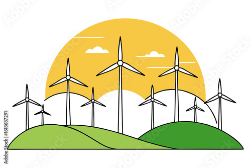 Clean Vector View of Wind Turbines on Rolling Hills