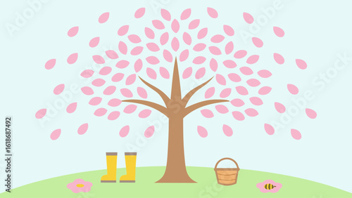 Springtime scene with blooming tree yellow boots and a bee