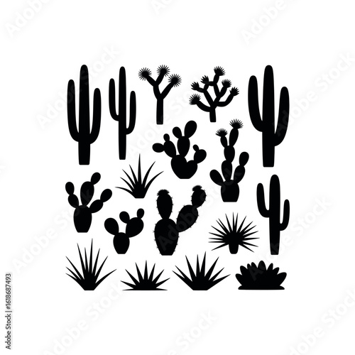 Black silhouette of various desert cacti and succulents on a white background cactus plant