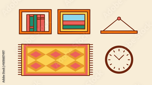 Cozy home decor elements featuring rug clock and wall art