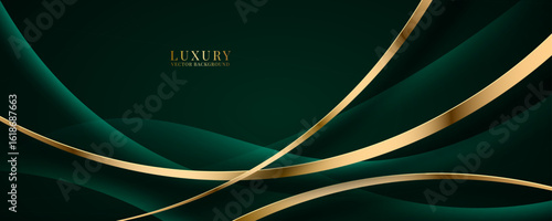 3D green luxury abstract background overlap layer on dark space with golden wave lines decoration. Modern graphic design element cutout style concept for web banner, art, flyer, card or brochure cover