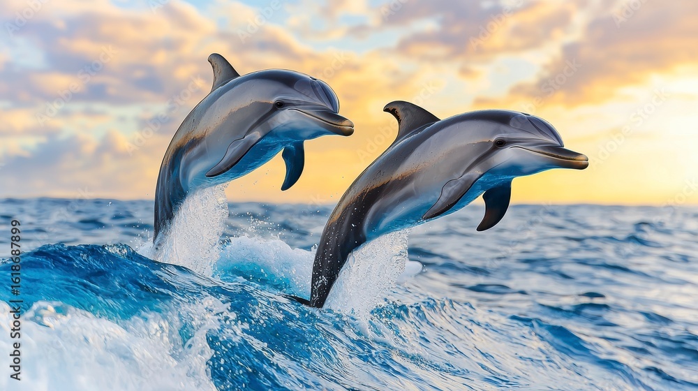 Obraz premium Two playful dolphins leap joyfully above the crashing waves of the Pacific Ocean du a vibrant Hawaiian sunset creating a breathtaking scene of wildlife in its natural habitat.