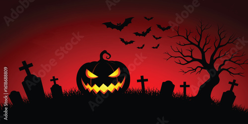 A vibrant Halloween-themed image showcasing a graveyard at night under a fiery red sunset.